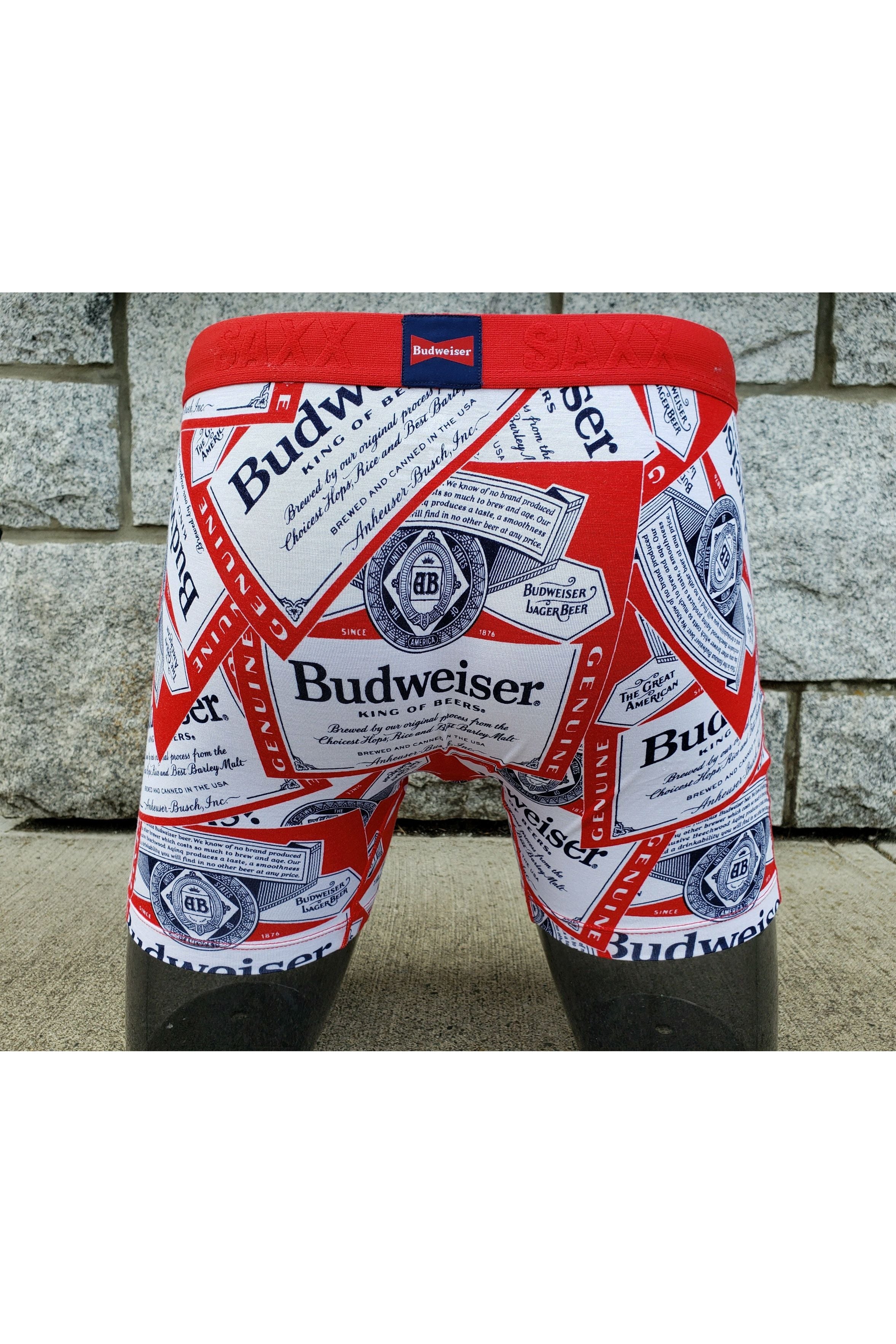 Budweiser Beer Repeating Text Brand SAXX Men's Boxer Briefs-Small  (28-30) 